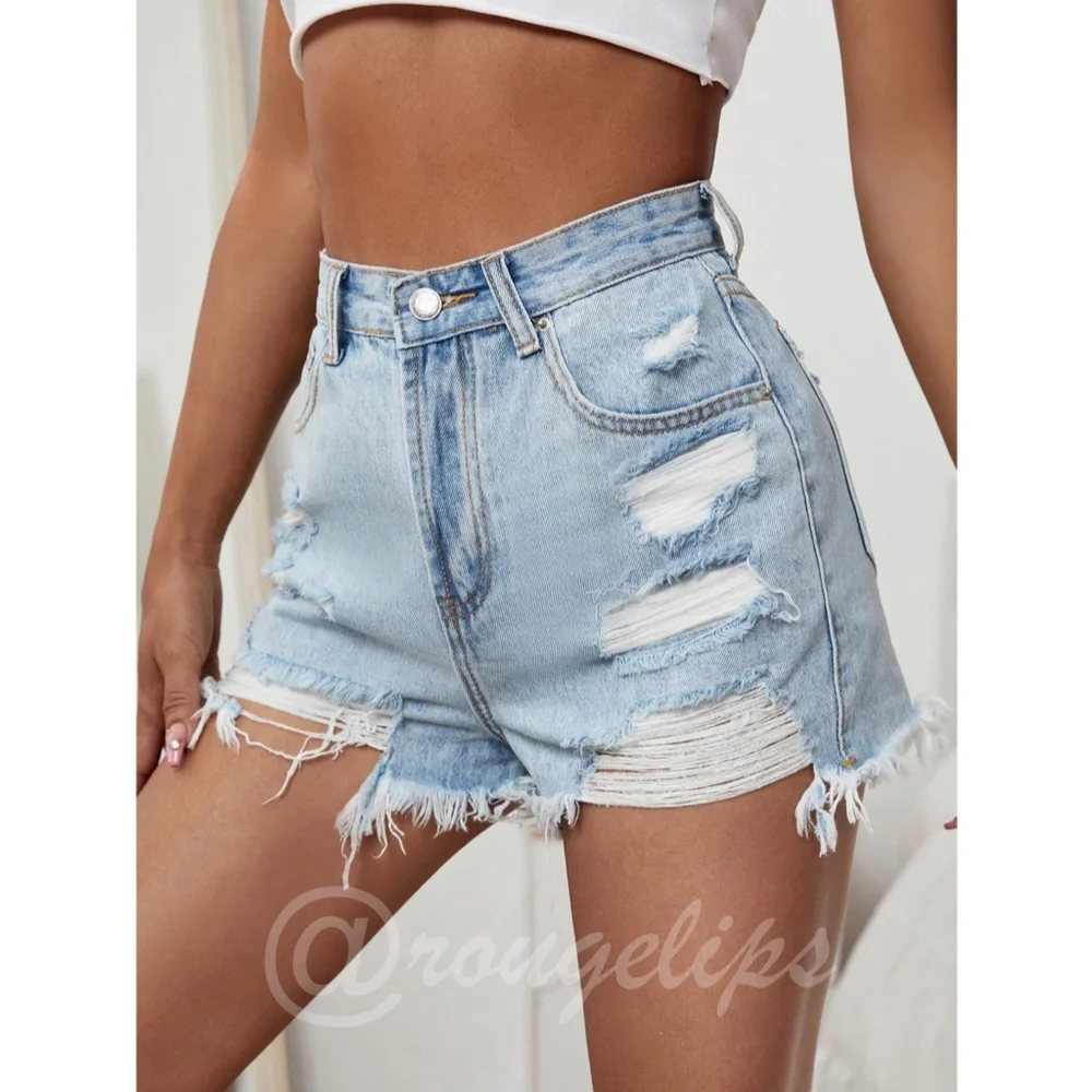Light Wash Blue Denim Shorts Distressed Ripped High Waist Raw Hem - Picture 1 of 10